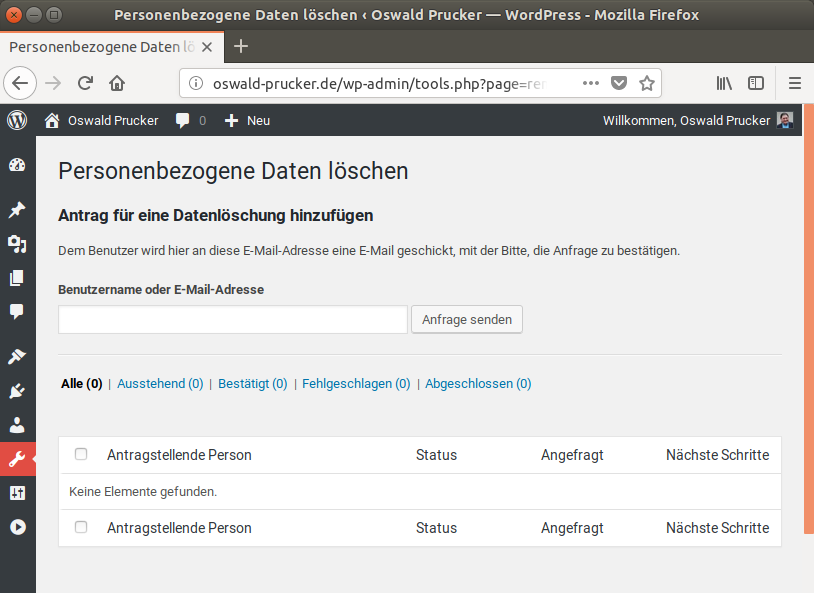 Screenshot: Keine personenbezogenen Daten gespeichert.