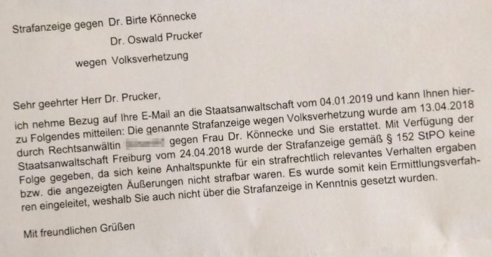 Antwortschreiben Staatsanwaltschaft